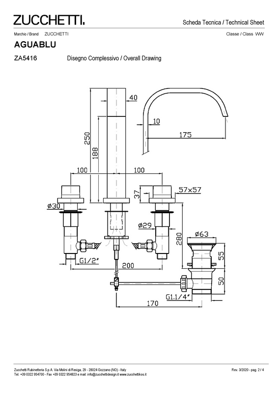 ZUCCHETTI AGUABLU 3-HOLE BASIN MIXER WITH WASTE