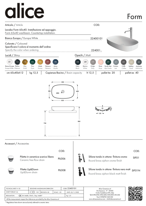 ALICE CERAMICA FORM WASHBASIN 65X40
