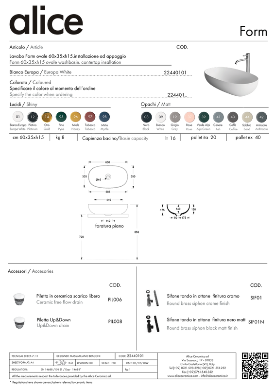 ALICE CERAMICA LAVABO FORM OVALE 60X35 h15