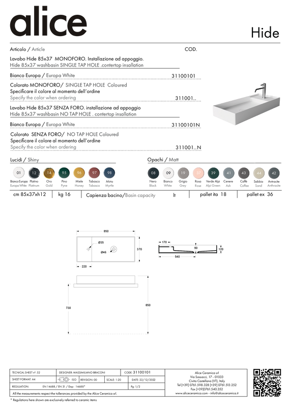 ALICE CERAMICA HIDE 85X37 WASHBASIN
