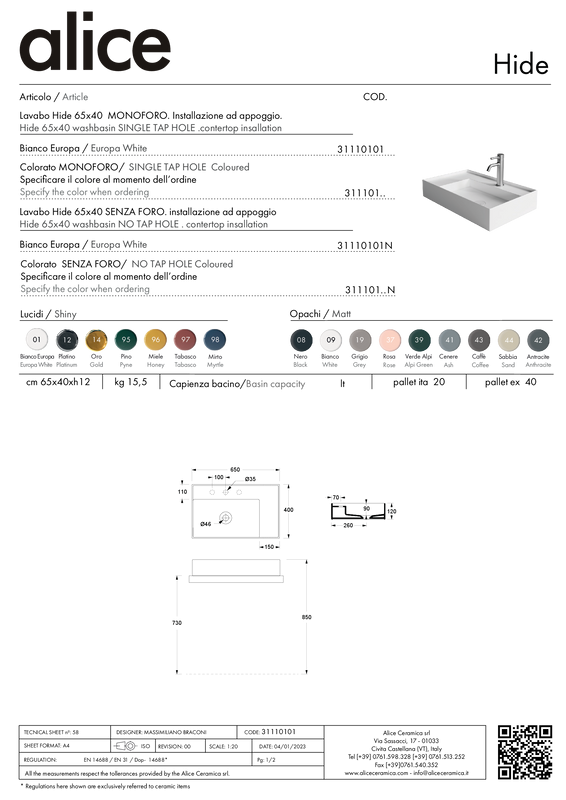 ALICE CERAMICA HIDE 65x40 WASHBASIN