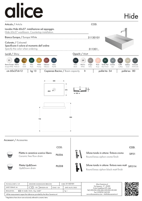 ALICE CERAMICA HIDE 60X37 BASIN