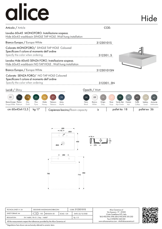 ALICE CERAMICA HIDE WASHBASIN 60X45