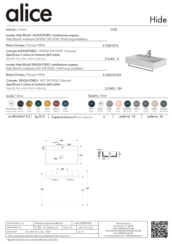 ALICE CERAMICA HIDE 80X45 WASHBASIN