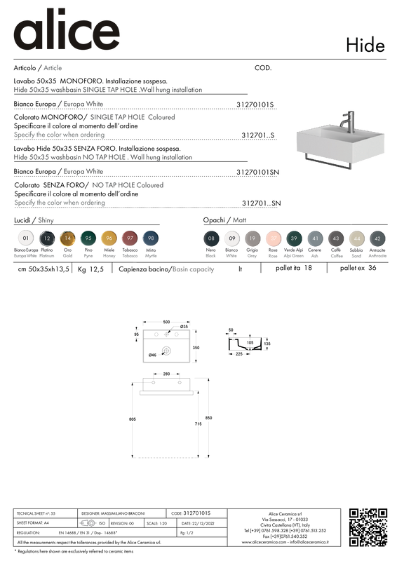 ALICE CERAMICA HIDE 50X35 WASHBASIN