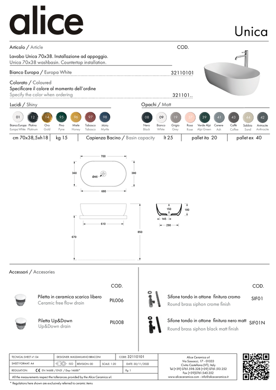 ALICE CERAMICA UNICA 70X38 WASHBASIN