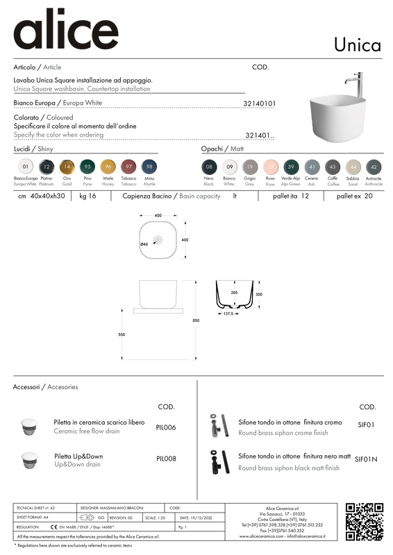 ALICE CERAMICA LAVABO UNICA SQUARE 40X40 H 30