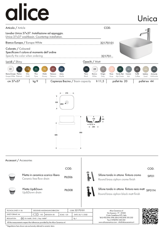 ALICE CERAMICA UNICA WASHBASIN 37X37