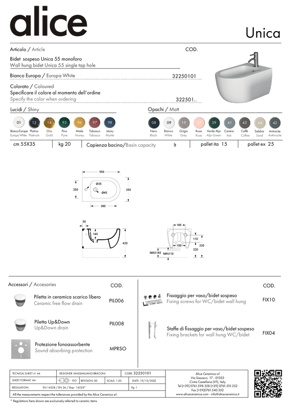 ALICE CERAMICA BIDET UNICA 55 SOSPESO