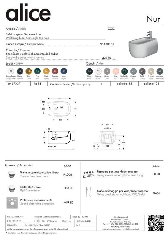 ALICE CERAMICA BIDET NUR SOSPESO