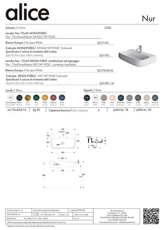 ALICE CERAMICA LAVABO NUR 75X45
