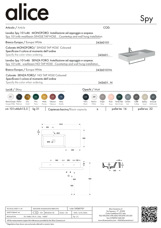 ALICE CERAMICA LAVABO SPY 101X46 PLAN