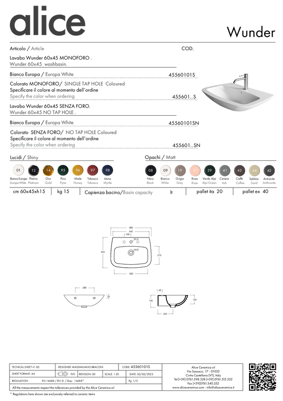 ALICE CERAMICA WUNDER WASHBASIN 60X45