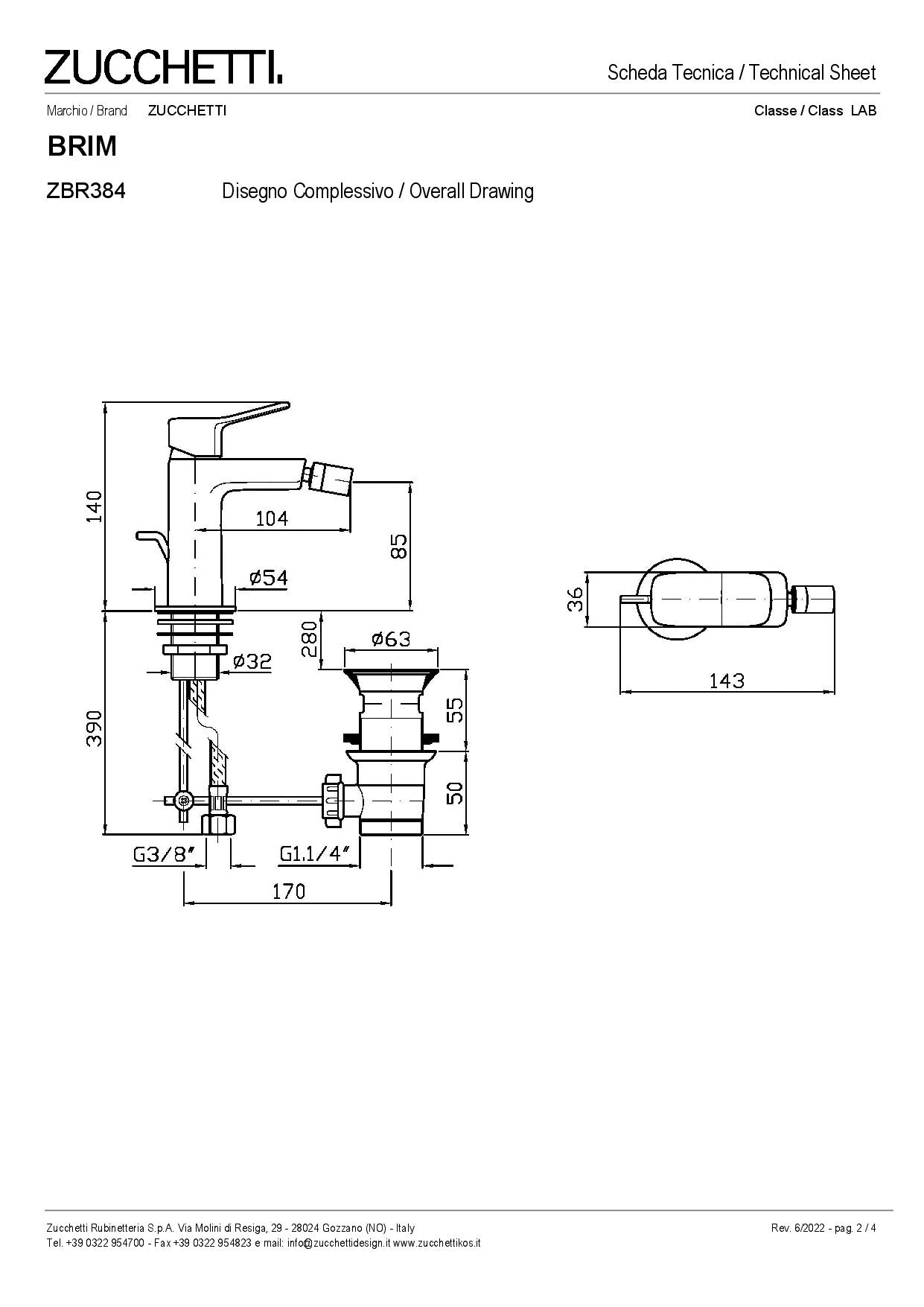 ZUCCHETTI BRIM MIX SINGLE LEVER BIDET MIXER WITH AERATOR AND WASTE
