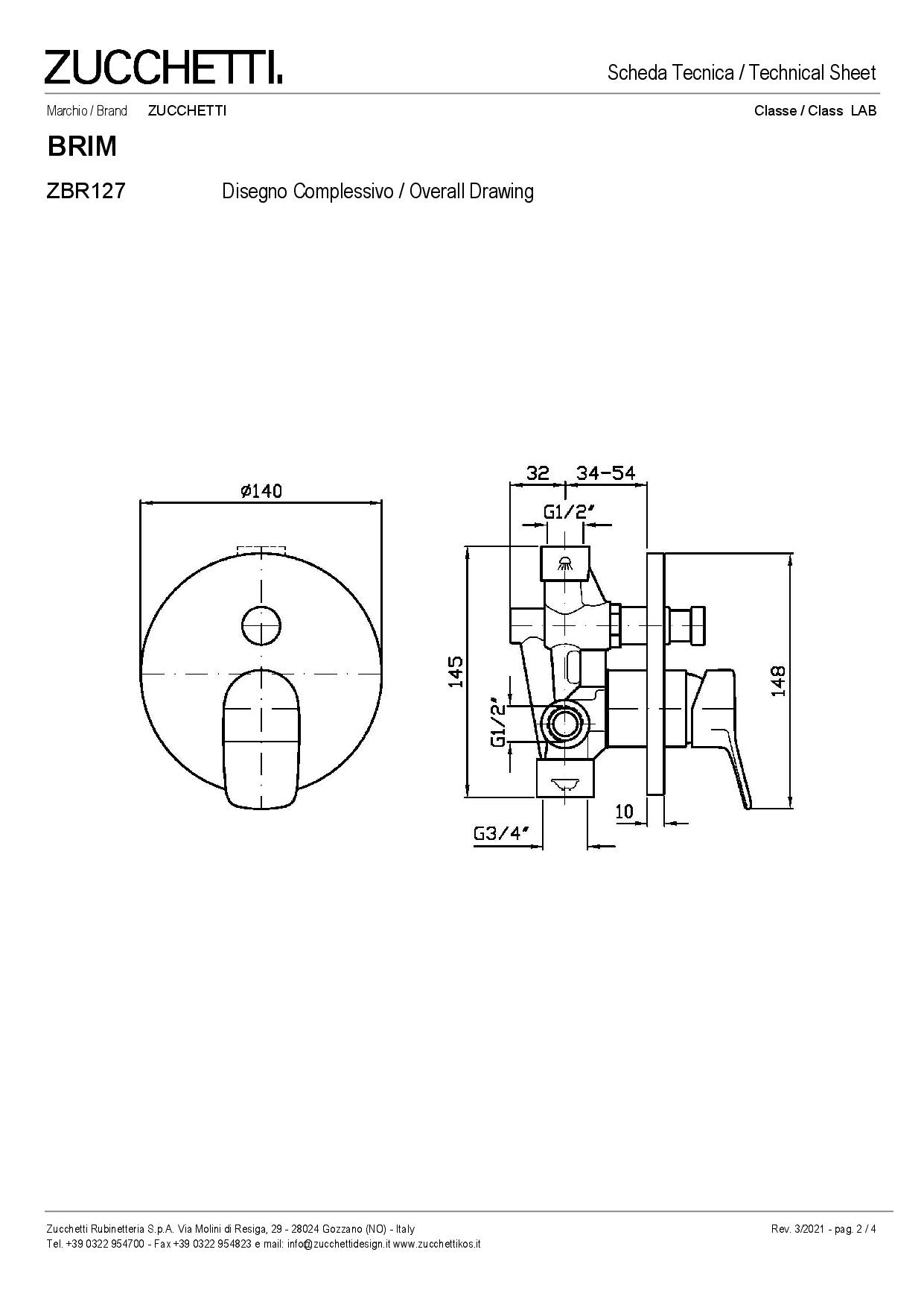 ZUCCHETTI BRIM MIX BUILT-IN 2-WAY SINGLE-LEVER MIXER FOR BATH/SHOWER WITH DIVERTER