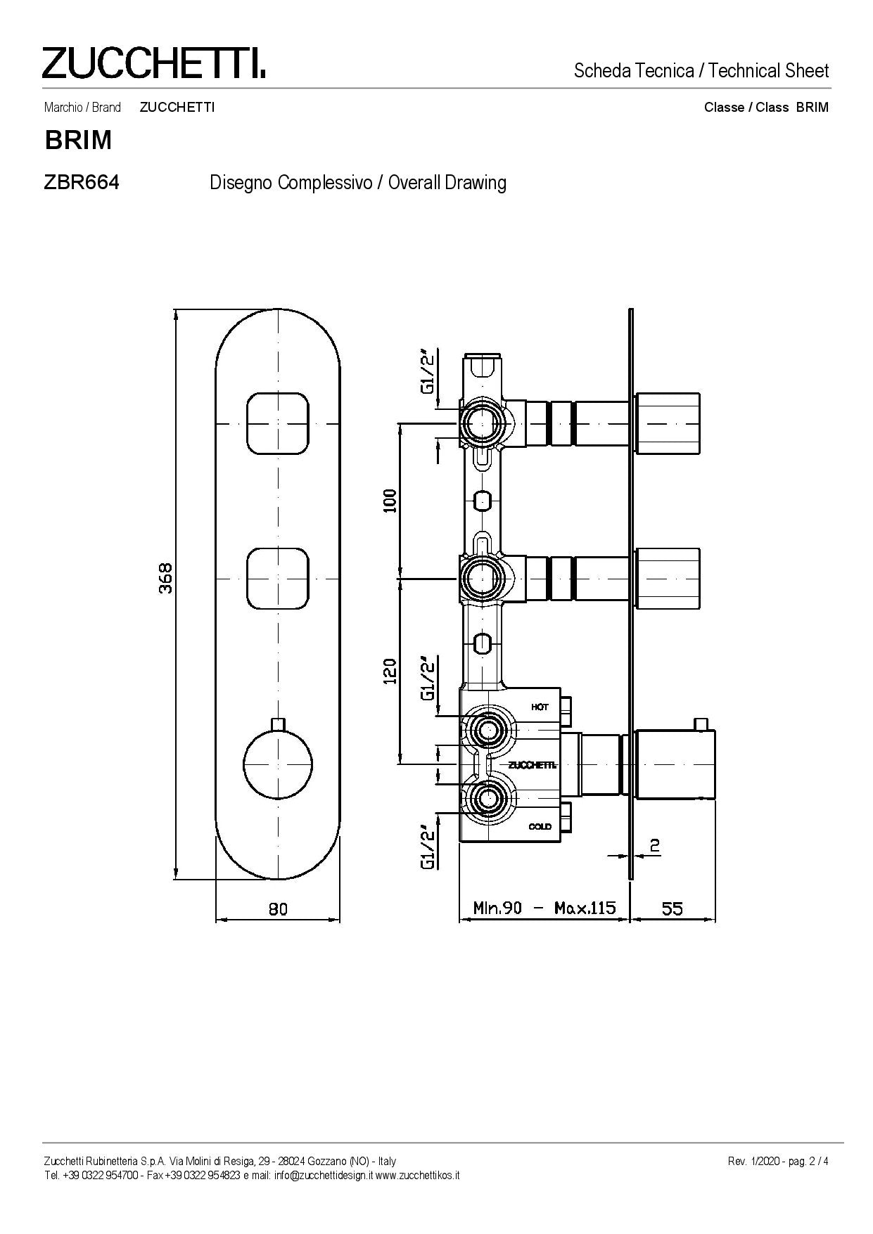 ZUCCHETTI BRIM RECESSED THERMOSTATIC SHOWER MIXER WITH TWO STOPCOCKS
