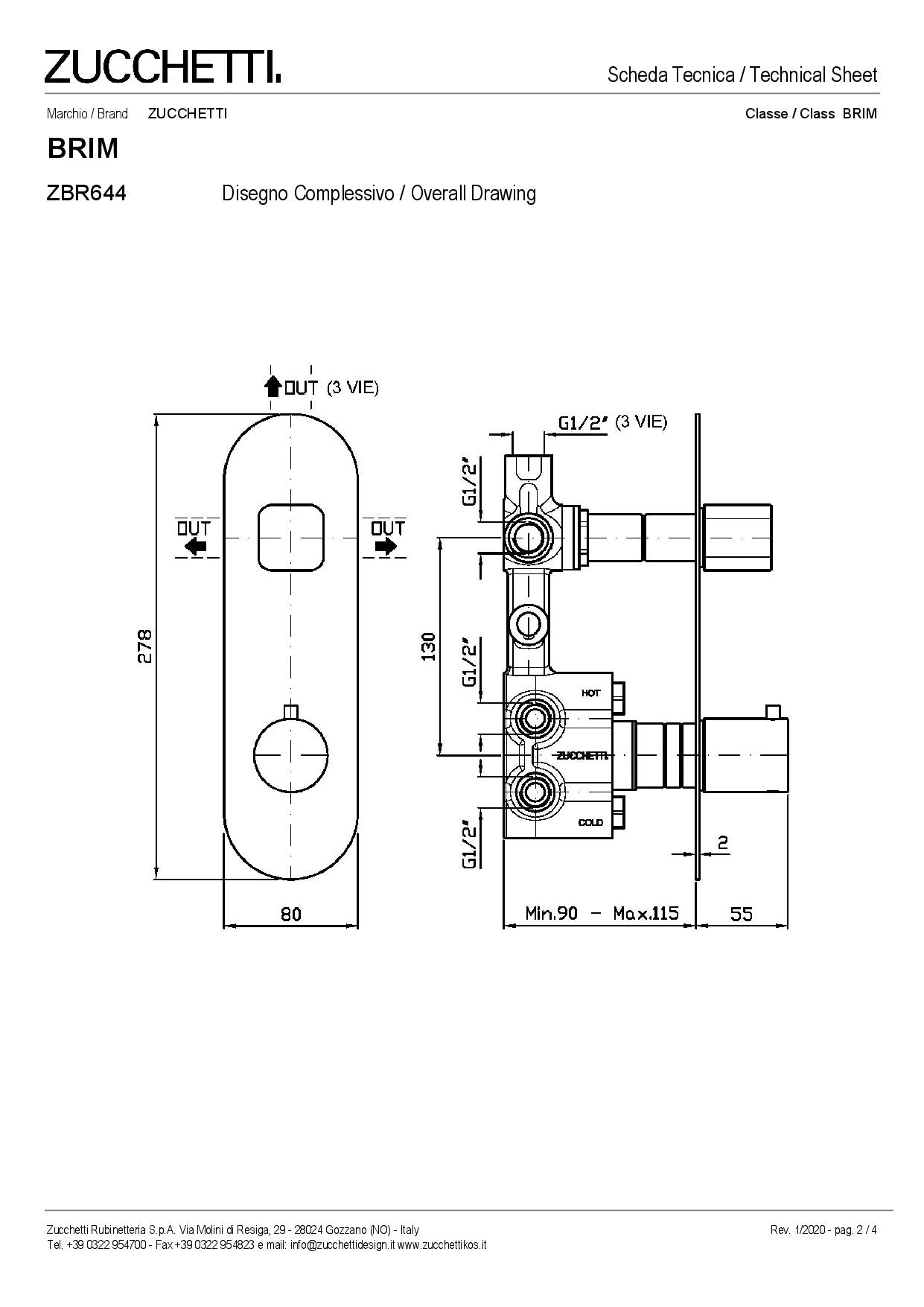 ZUCCHETTI BRIM BUILT-IN THERMOSTATIC SHOWER MIXER WITH 2/3-WAY DIVERTER