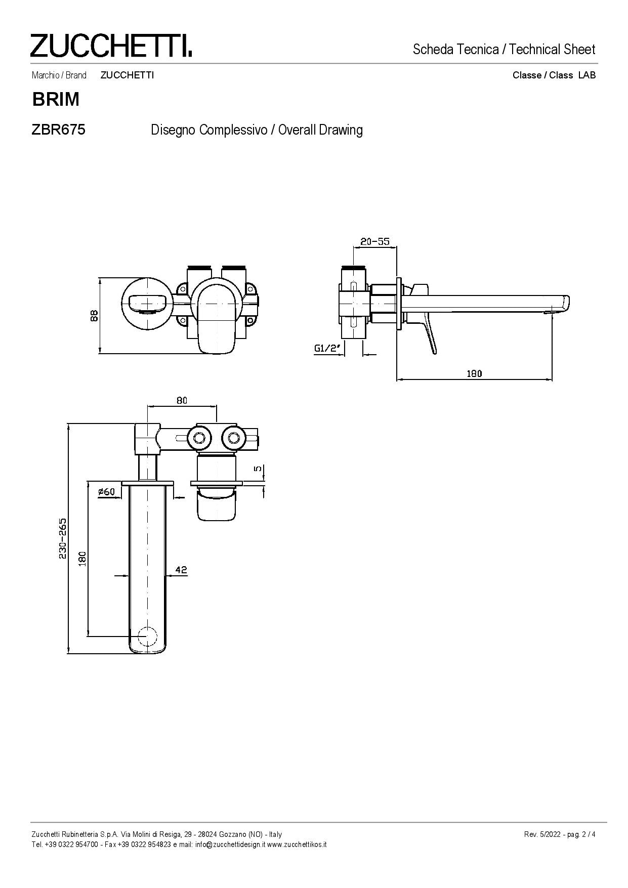 ZUCCHETTI BRIM MIX BUILT-IN BASIN MIXER L.180 mm SPOUT TWO HOLES WITH AERATOR