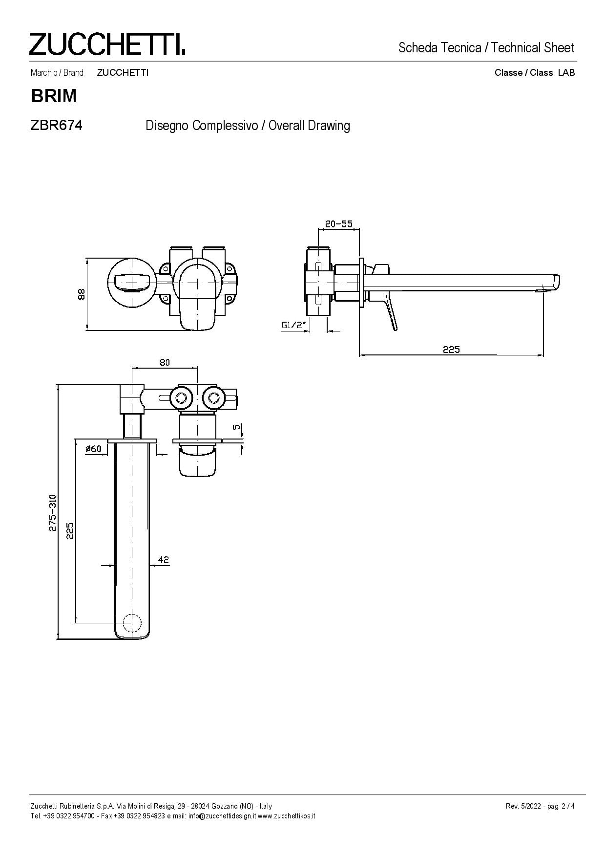 ZUCCHETTI BRIM MIX BUILT-IN BASIN SINGLE LEVER MIXER 225 mm SPOUT TWO HOLES WITH AERATOR