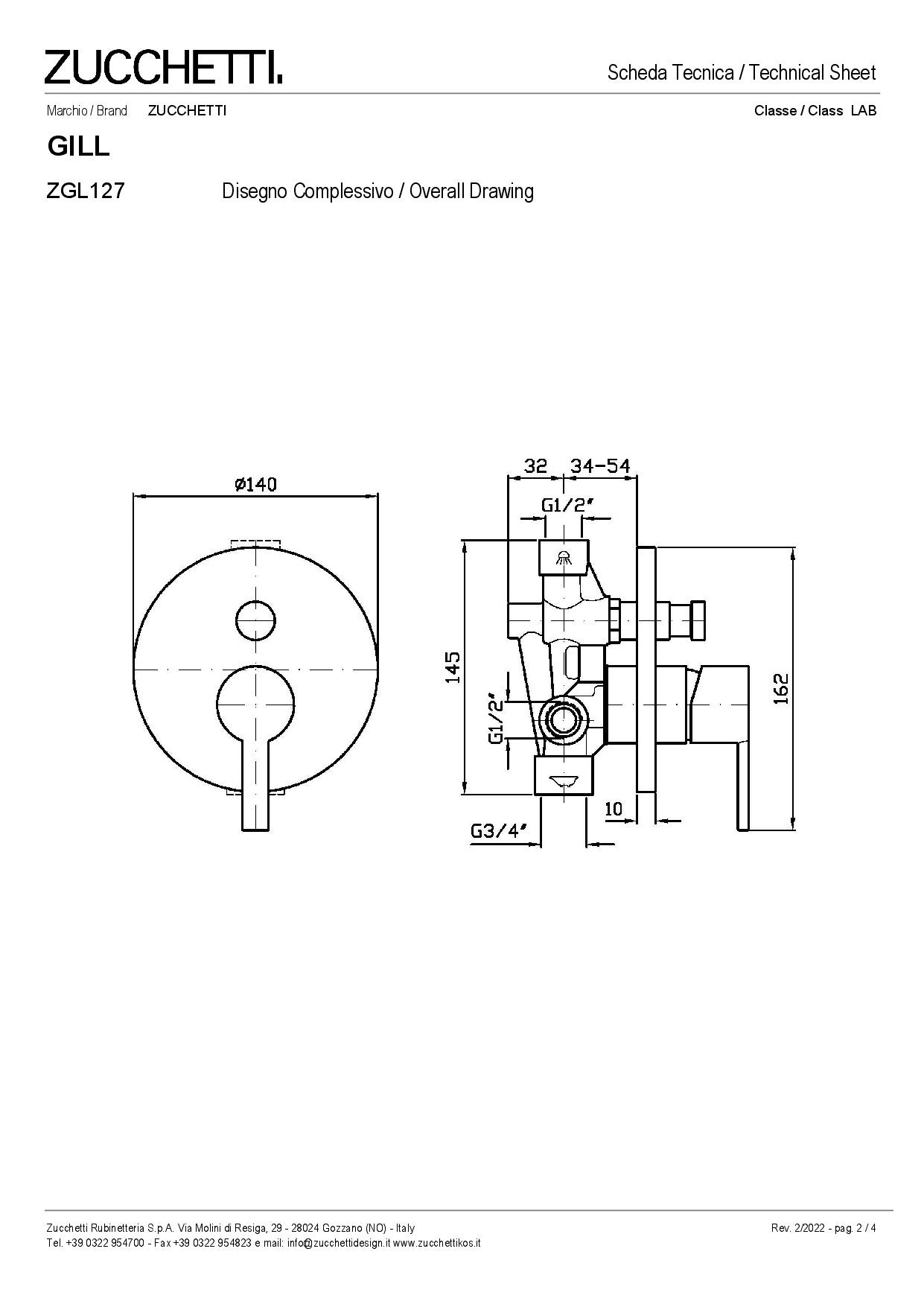 ZUCCHETTI GILL MIX SINGLE-LEVER 2-WAY RECESSED BATH/SHOWER MIXER WITH DIVERTER