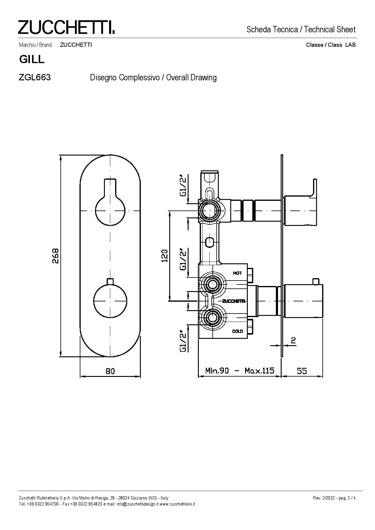 ZUCCHETTI GILL RECESSED THERMOSTATIC SHOWER MIXER WITH STOPCOCK
