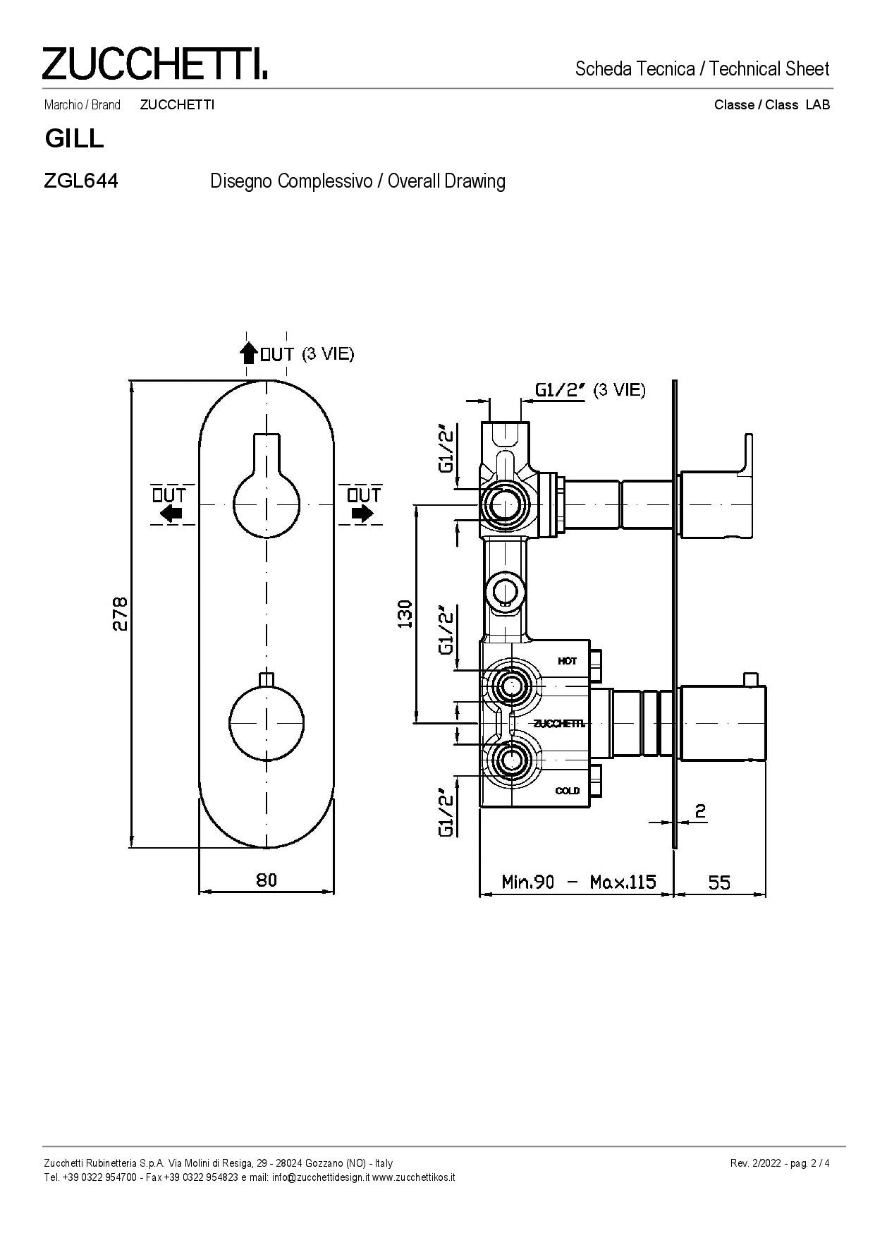ZUCCHETTI GILL BUILT-IN THERMOSTATIC SHOWER AND 2/3 WAY DIVERTER