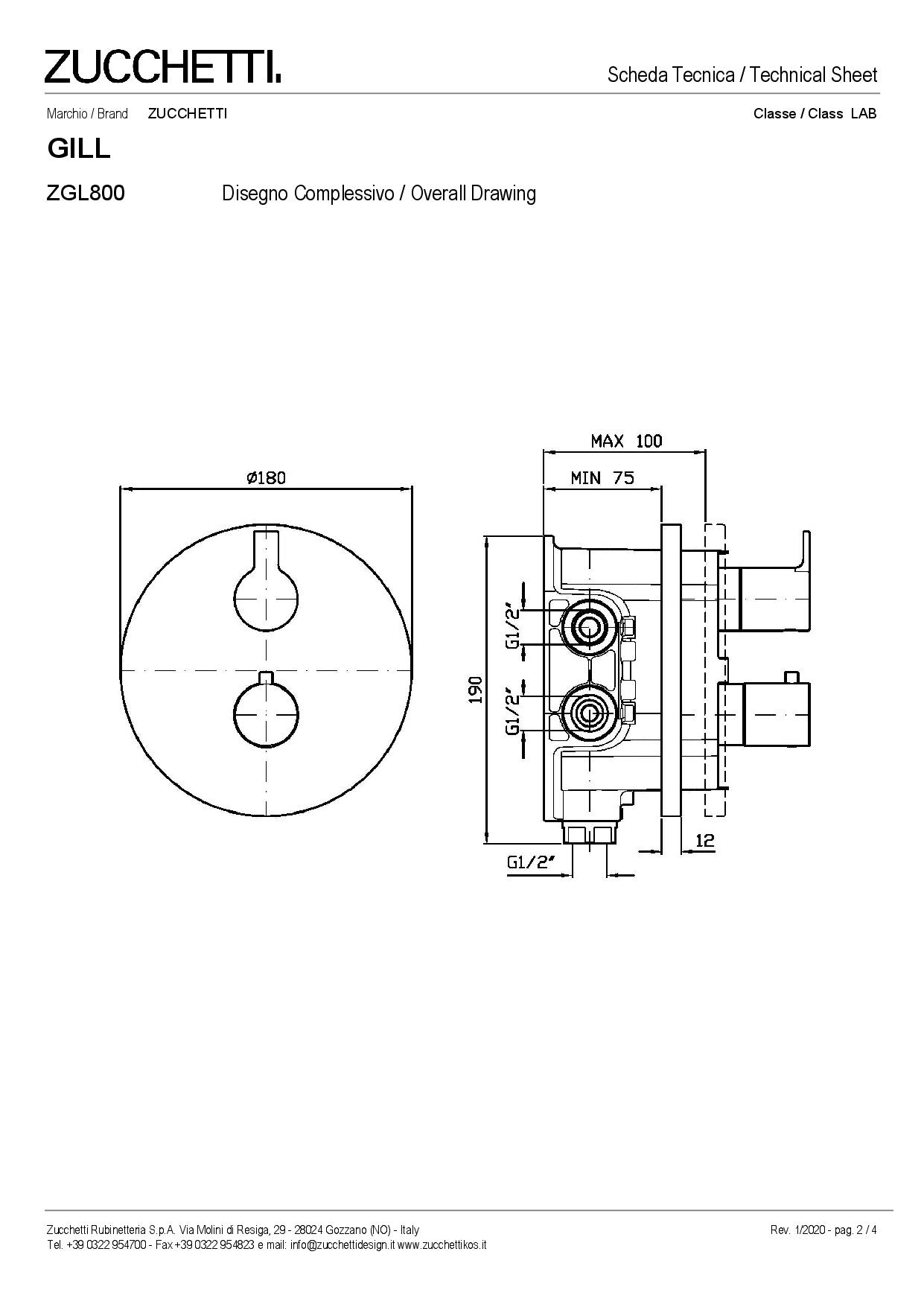 ZUCCHETTI GILL RECESSED THERMOSTATIC SHOWER MIXER WITH STOPCOCK