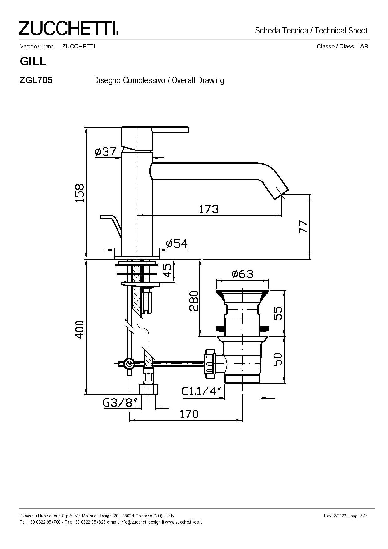 ZUCCHETTI GILL MIX SINGLE-LEVER BASIN MIXER WITH EXTENDED SPOUT, AERATOR AND WASTE