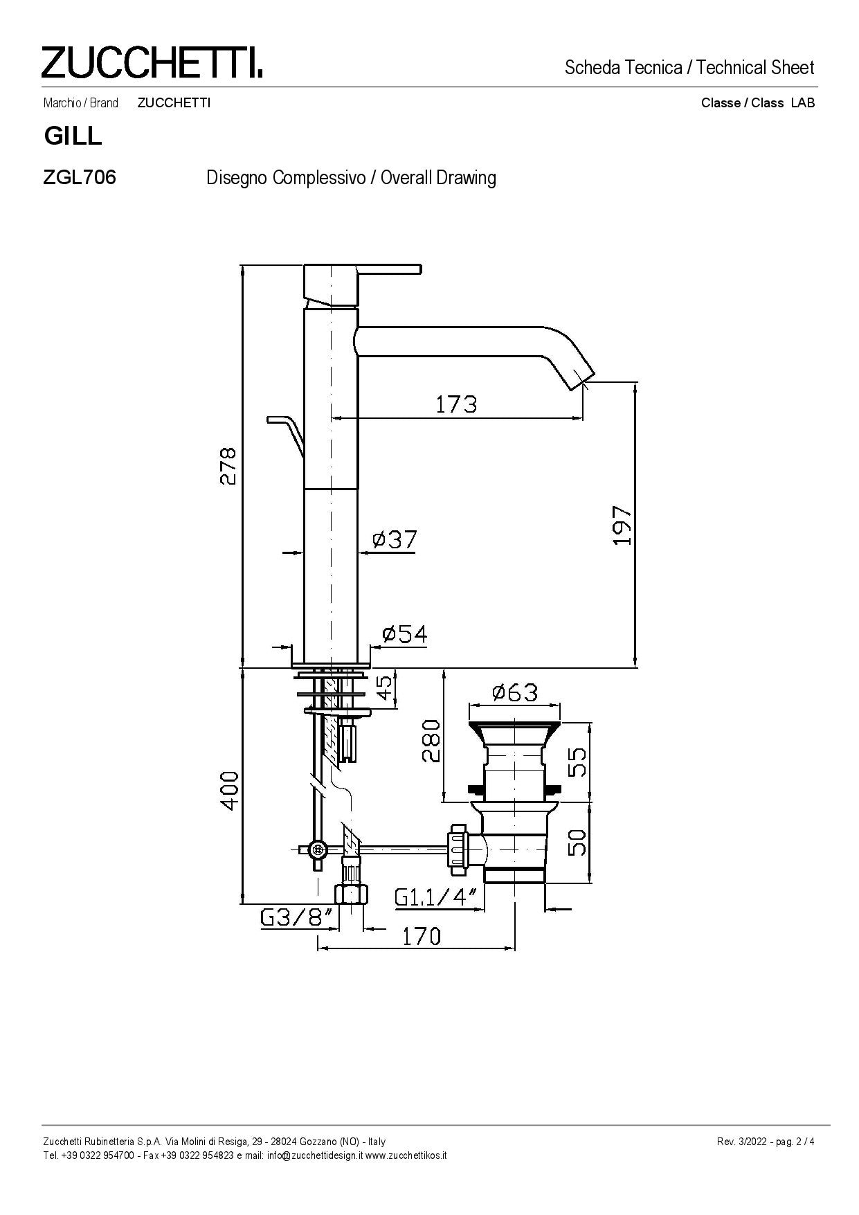 ZUCCHETTI GILL MIX SINGLE-LEVER FAUCET WITH HIGH SPOUT, AERATOR, AND DRAIN