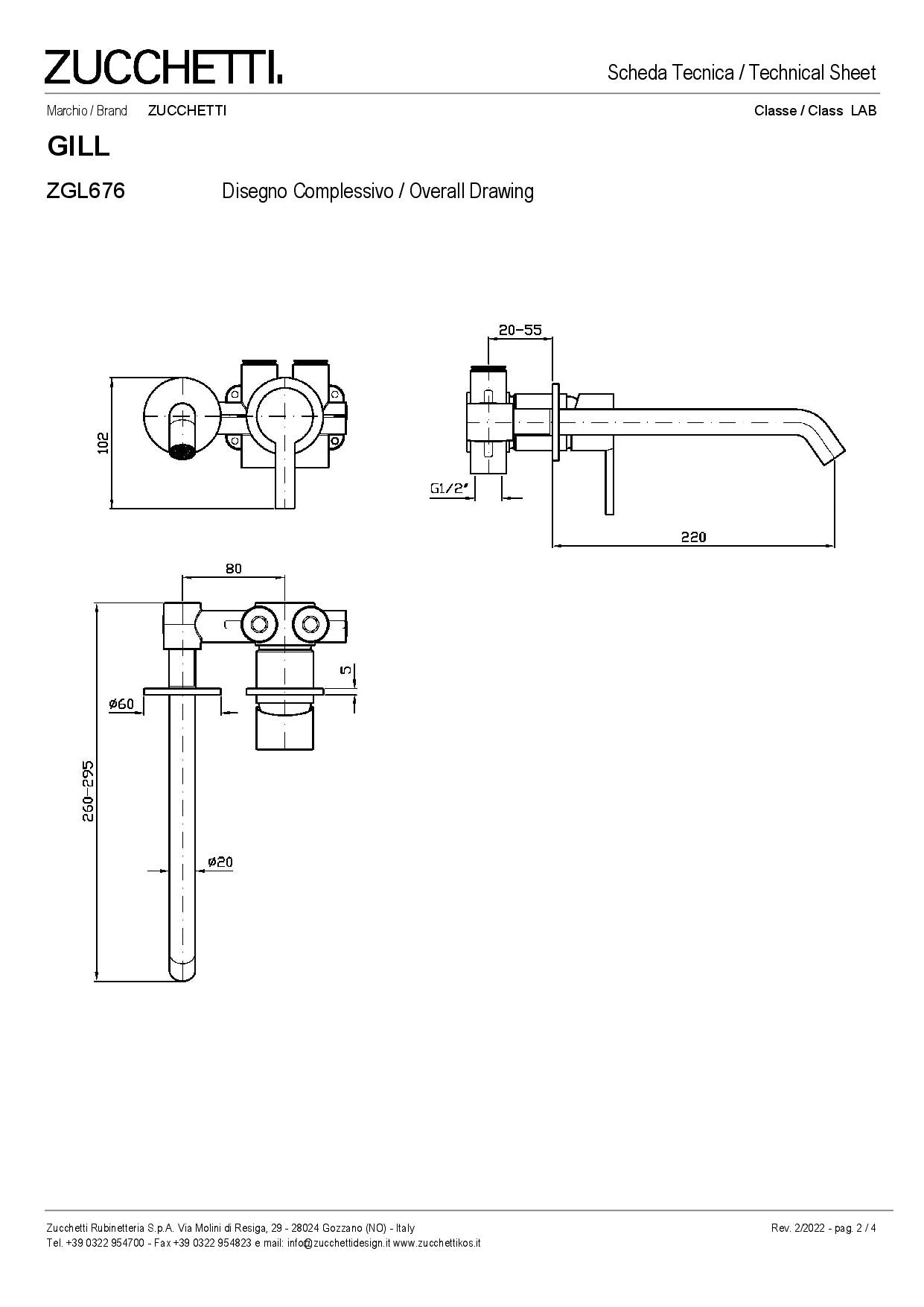 ZUCCHETTI GILL MIX SINGLE LEVER WALL-MOUNTED BASIN MIXER 220 mm SPOUT LENGTH TWO HOLE WITH AERATOR