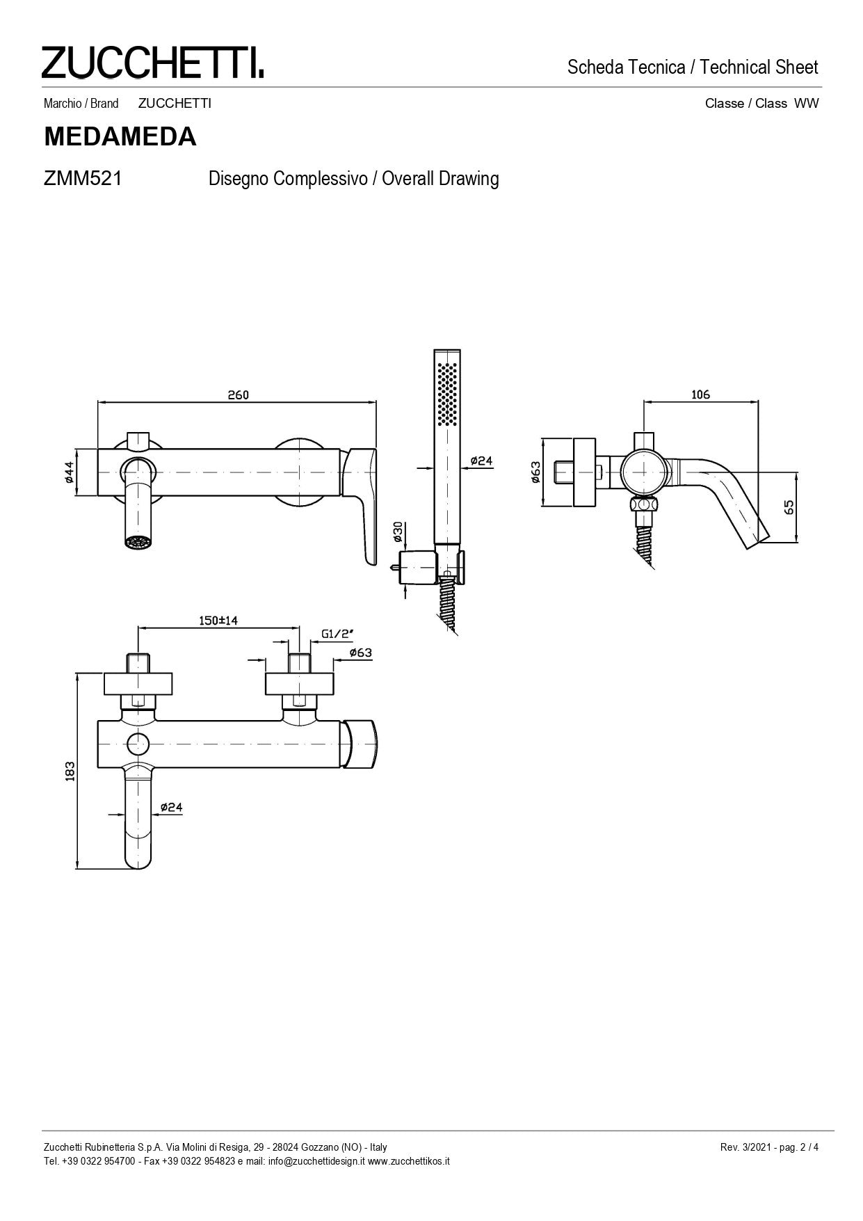 ZUCCHETTI MEDAMEDA MIX SINGLE LEVER BATH/SHOWER MIXER WITH DIVERTER, AERATOR AND SHOWER SET WITH HANDHELD SHOWER