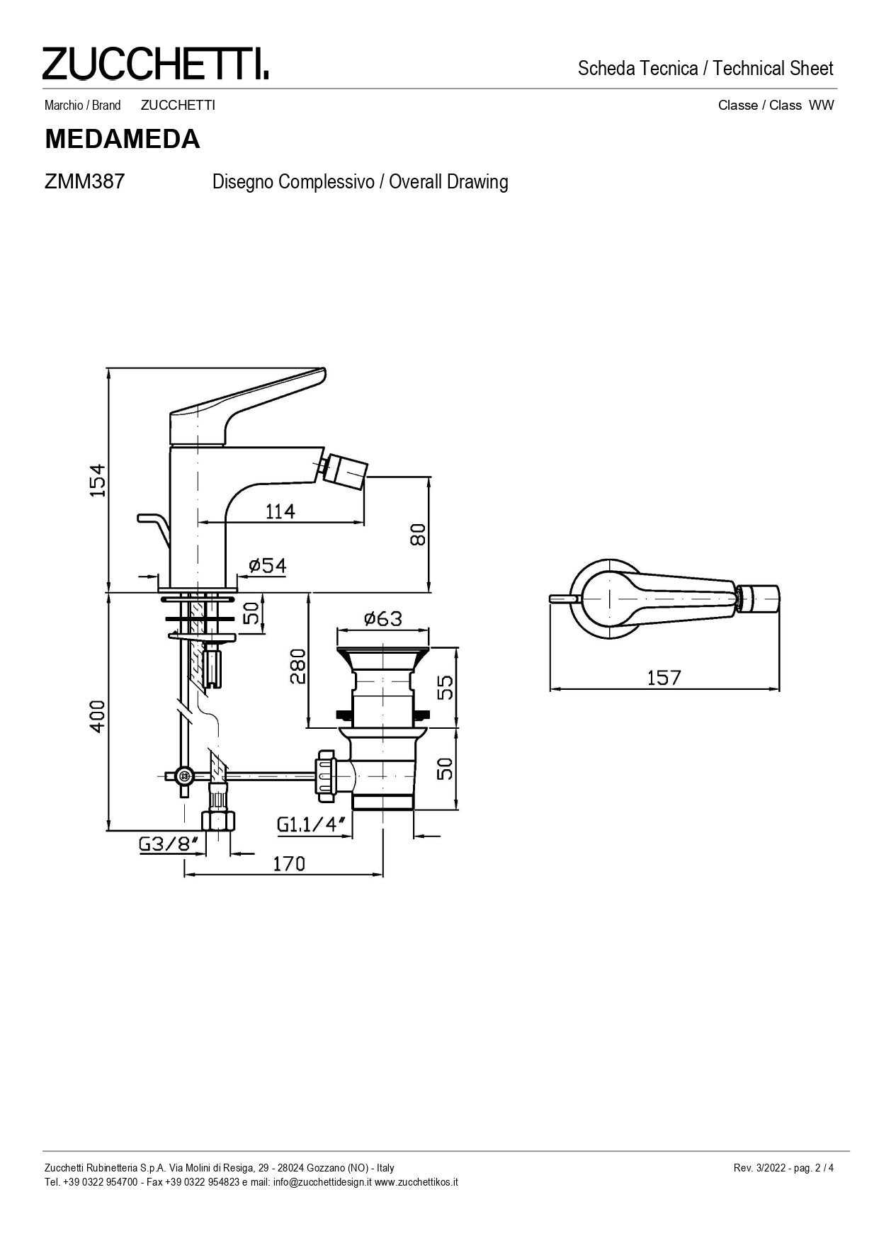 ZUCCHETTI MEDAMEDA MIX MONOBLOC BIDET MIXER WITH AERATOR AND WASTE