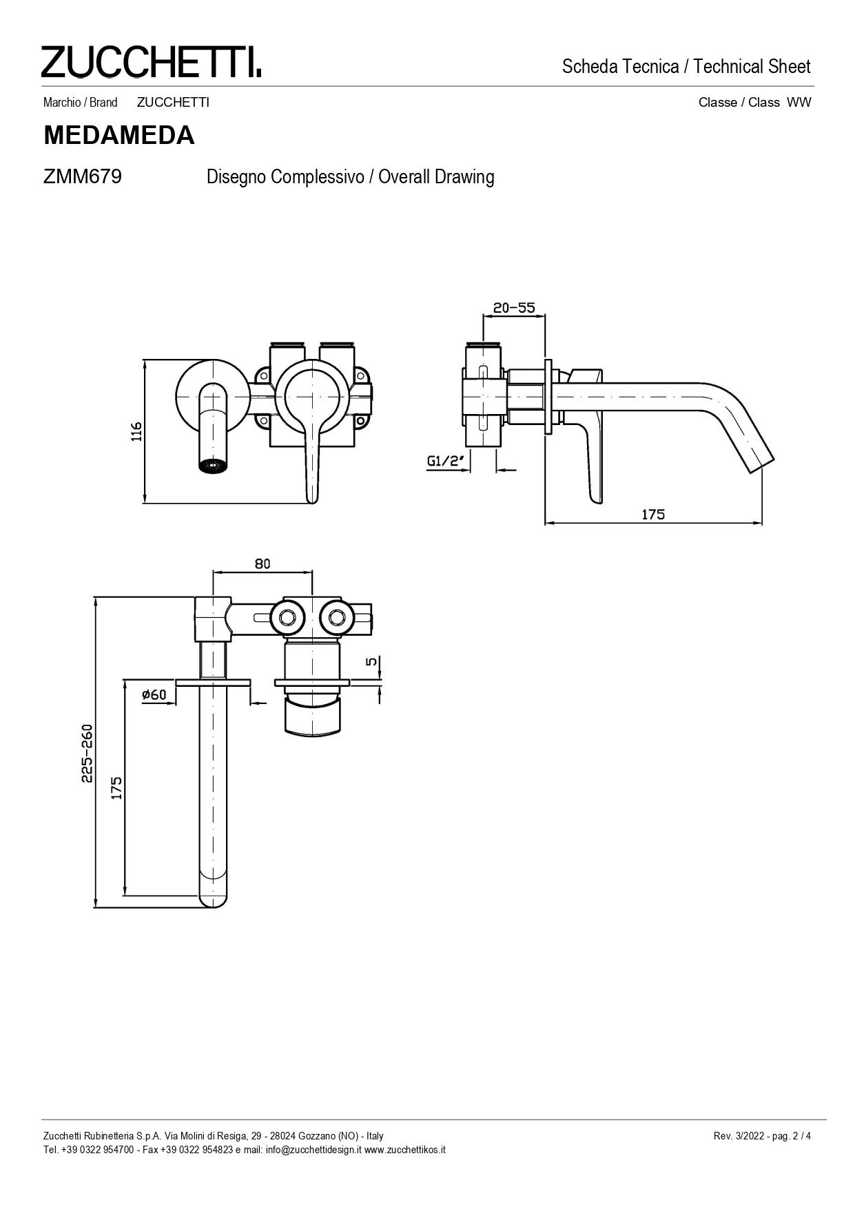 ZUCCHETTI MEDAMEDA MIX BUILT-IN BASIN MIXER L. SPOUT 175 mm WITH AERATOR