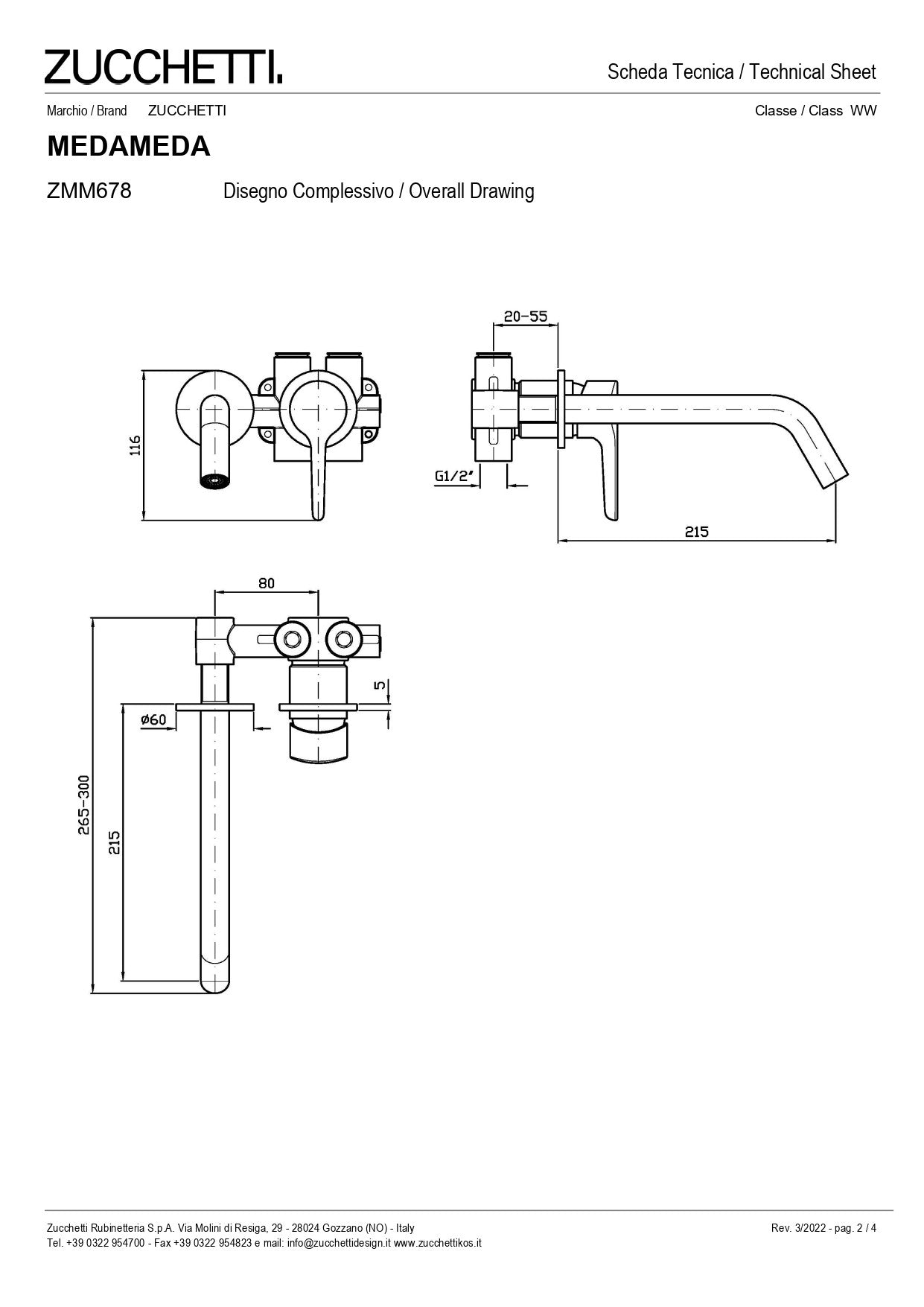 ZUCCHETTI MEDAMEDA MIX BUILT-IN BASIN MIXER L. SPOUT 215 mm WITH AERATOR