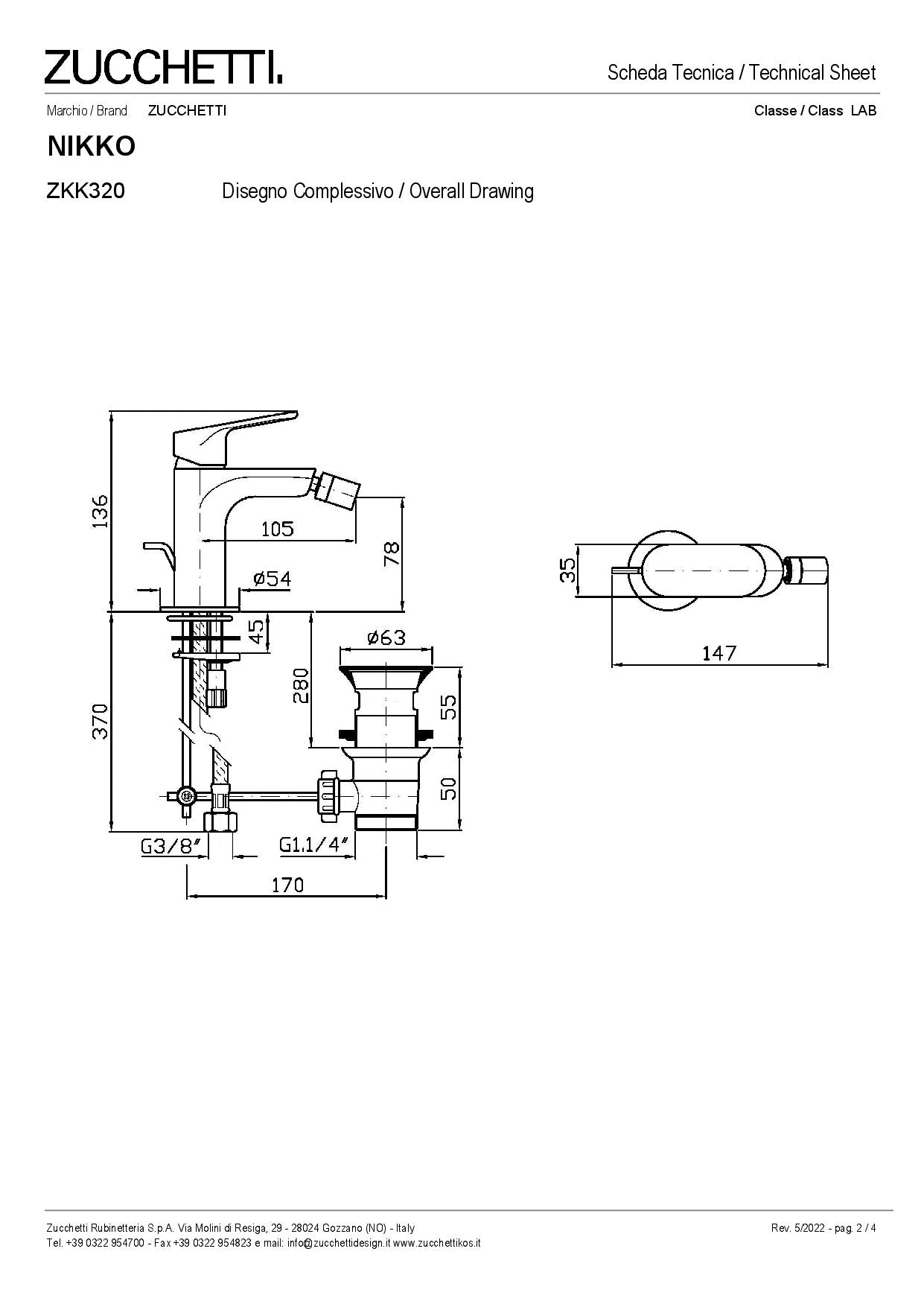 ZUCCHETTI NIKKO MIX SINGLE-LEVER BIDET MIXER WITH AERATOR AND WASTE