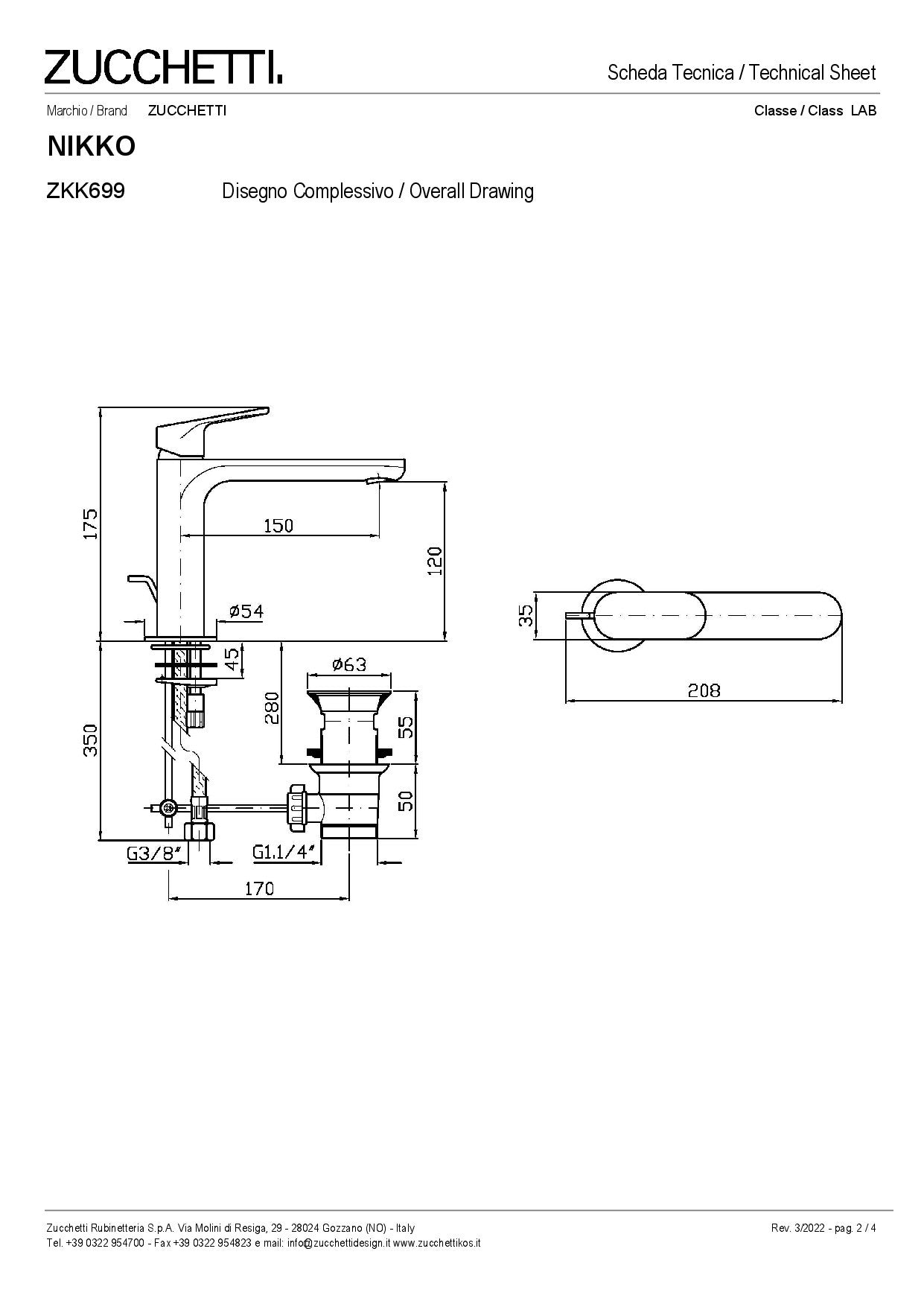 ZUCCHETTI NIKKO MIX SINGLE LEVER BASIN MIXER WITH EXTENDED SPOUT, AERATOR, AND WASTE