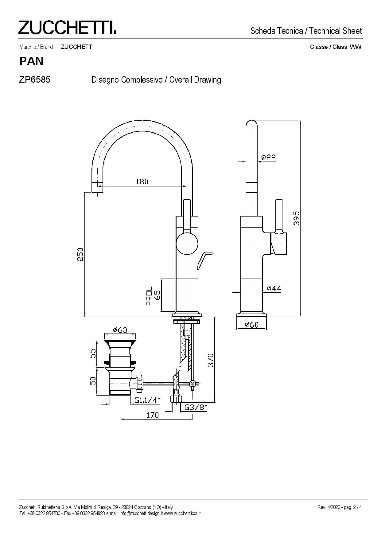 ZUCCHETTI PAN MIX SINGLE LEVER BASIN MIXER WITH EXTENSION, SWIVEL SPOUT, AERATOR AND WASTE