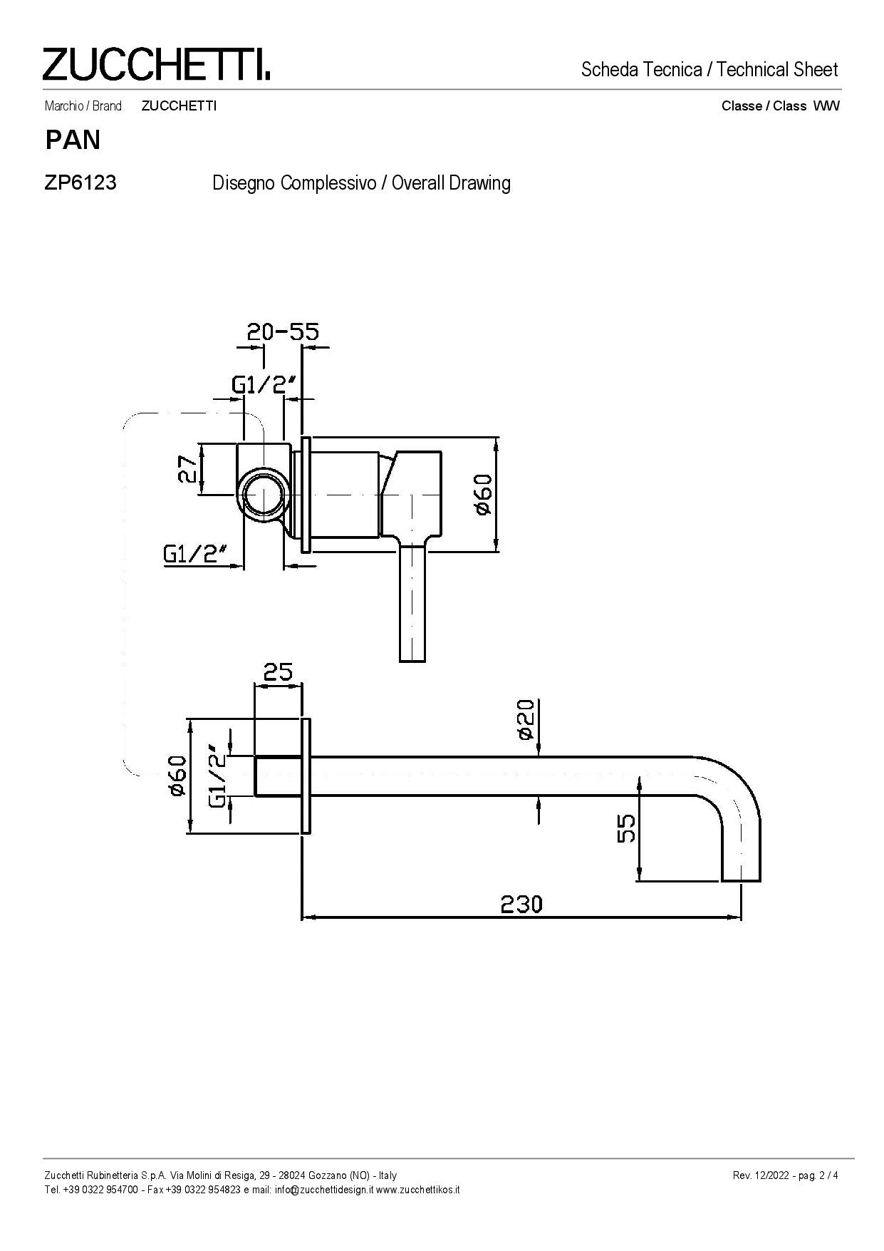 ZUCCHETTI PAN MIX BUILT-IN BASIN MIXER 2 HOLES SPOUT L. 230 mm WITH AERATOR