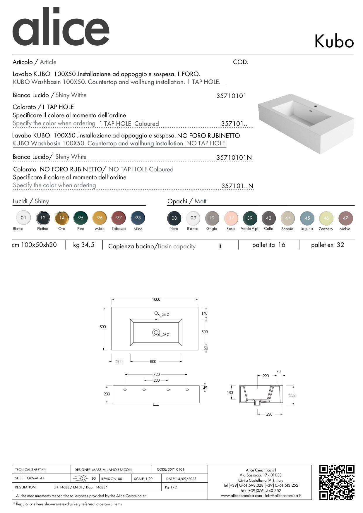 ALICE CERAMICA KUBO WASHBASIN 100X50