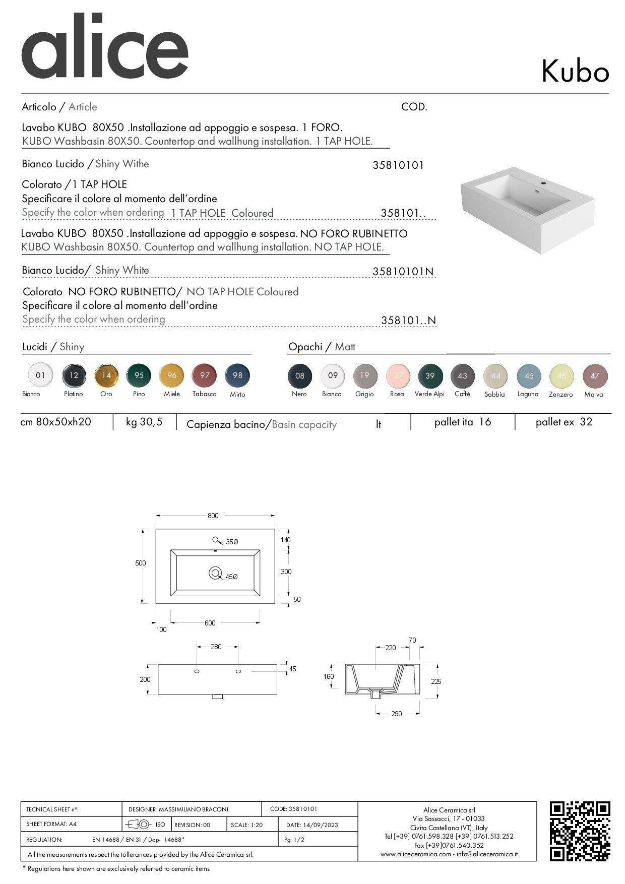 ALICE CERAMICA KUBO 80X50 WASHBASIN