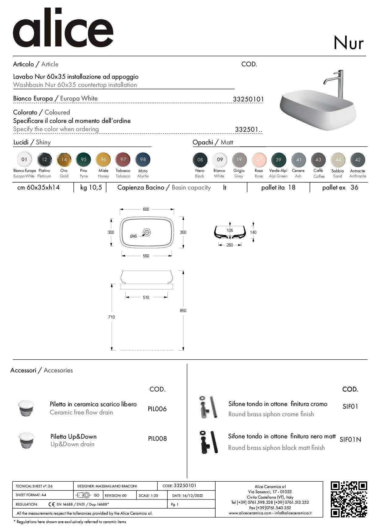 ALICE CERAMICA LAVABO NUR 60X35