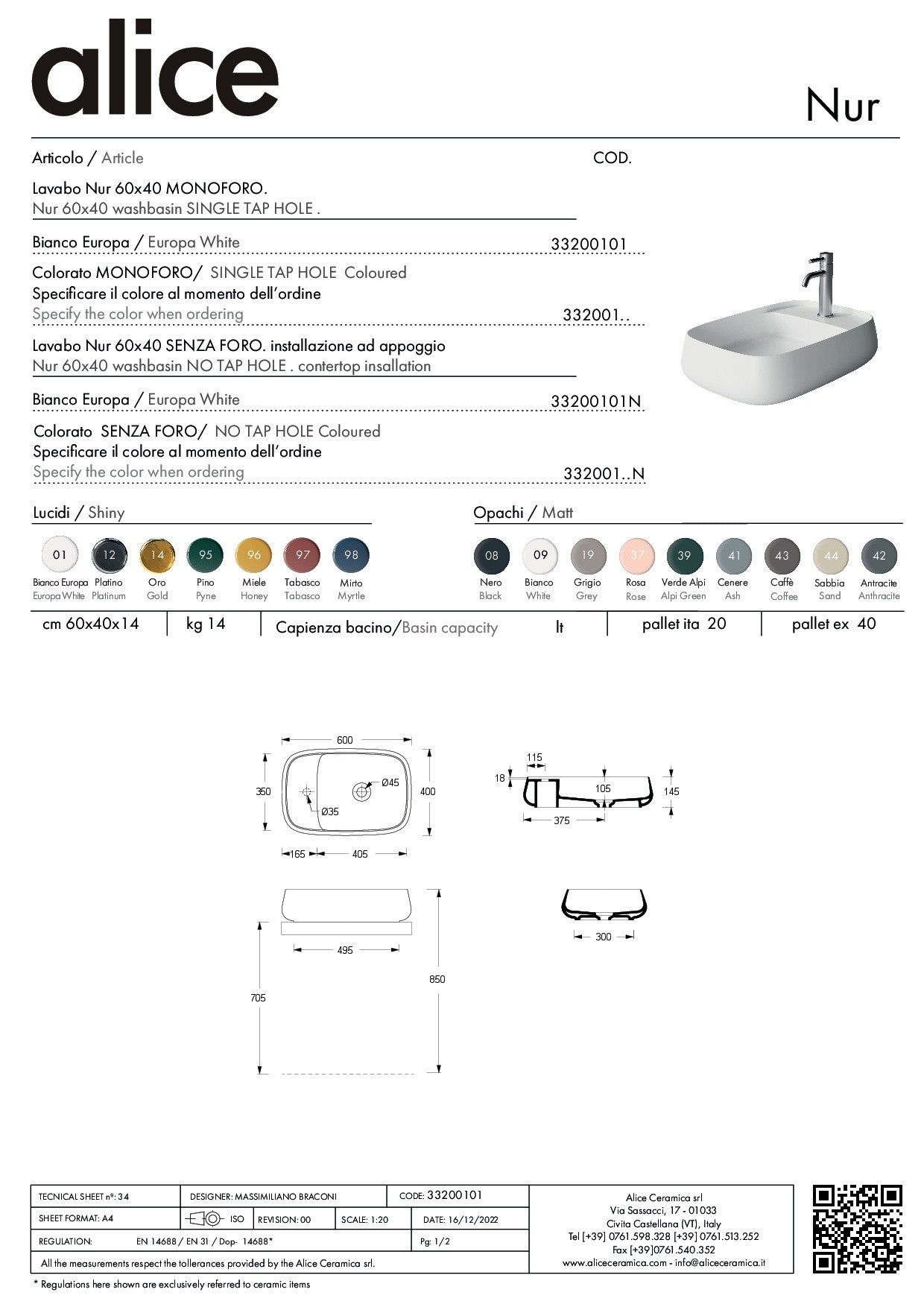 ALICE CERAMICA WASHBASIN NUR 60X40 PLAN
