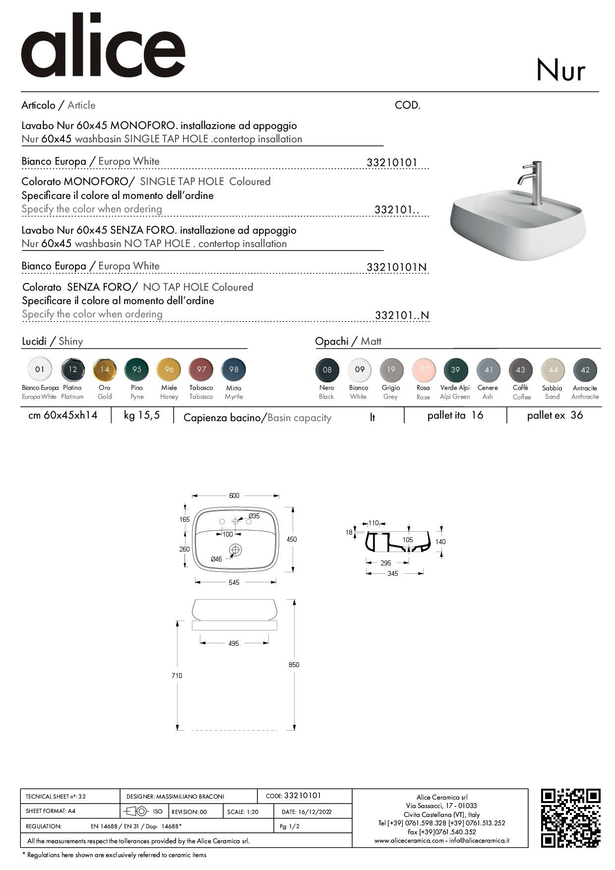 ALICE CERAMICA WASHBASIN NUR 60X45 PLAN