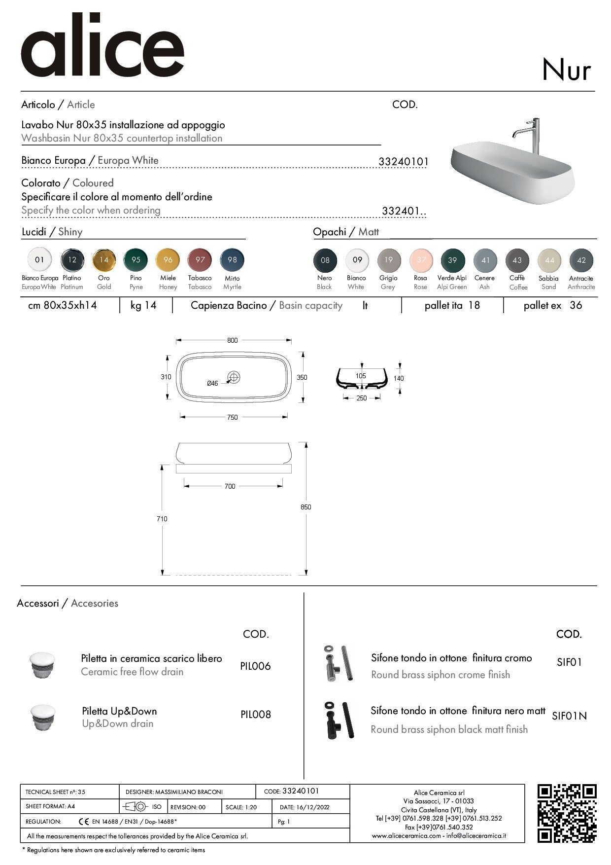 ALICE CERAMICA WASHBASIN NUR 80X35
