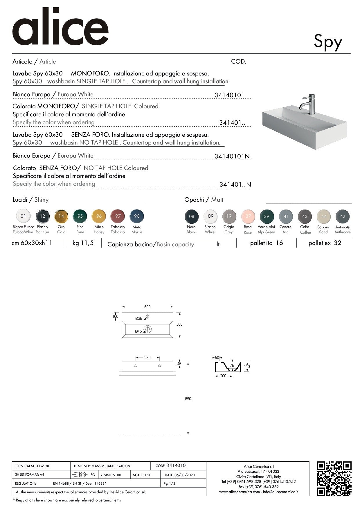ALICE CERAMICA LAVABO SPY 60X30