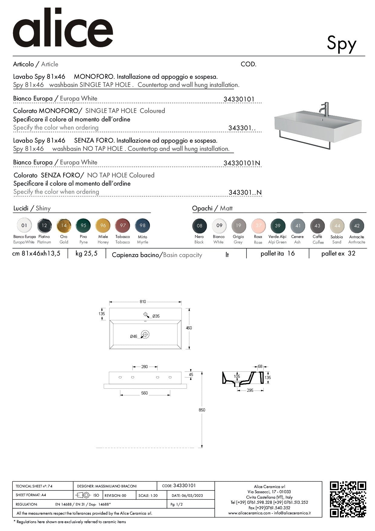 ALICE CERAMICA LAVABO SPY 81X46