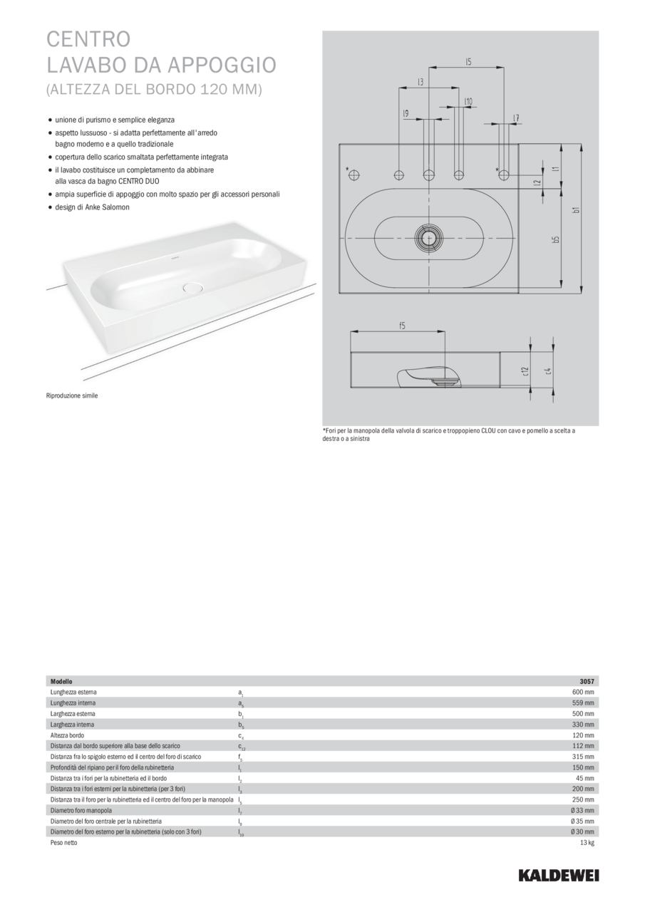 KALDEWEI CENTRO COUNTERTOP WASHBASIN 120mm