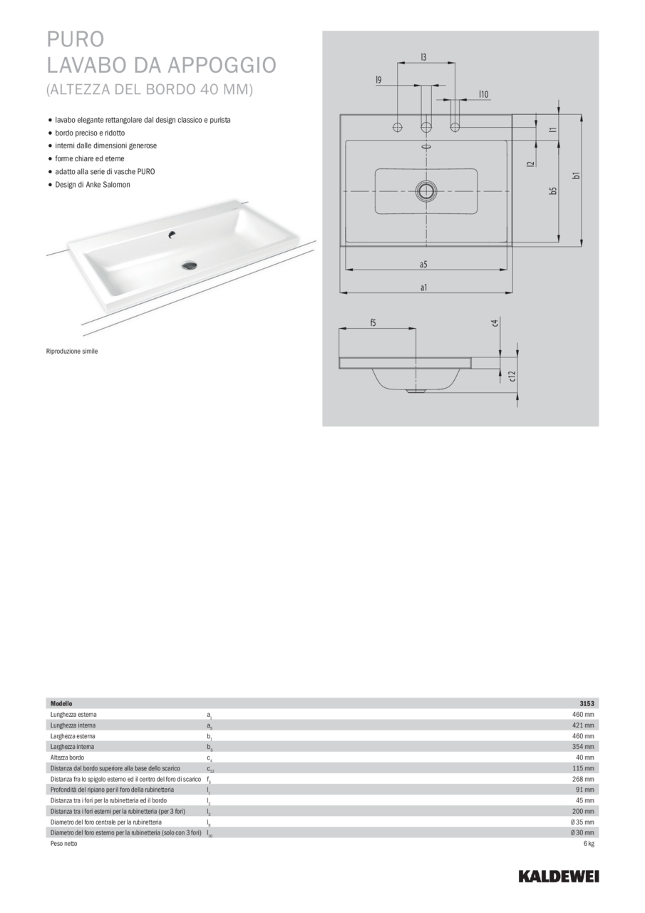 KALDEWEI PURO LAVABO DA APPOGGIO 40mm