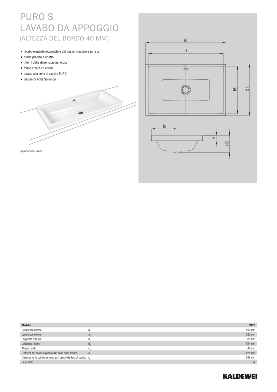 KALDEWEI PURO S LAVABO DA APPOGGIO 40mm