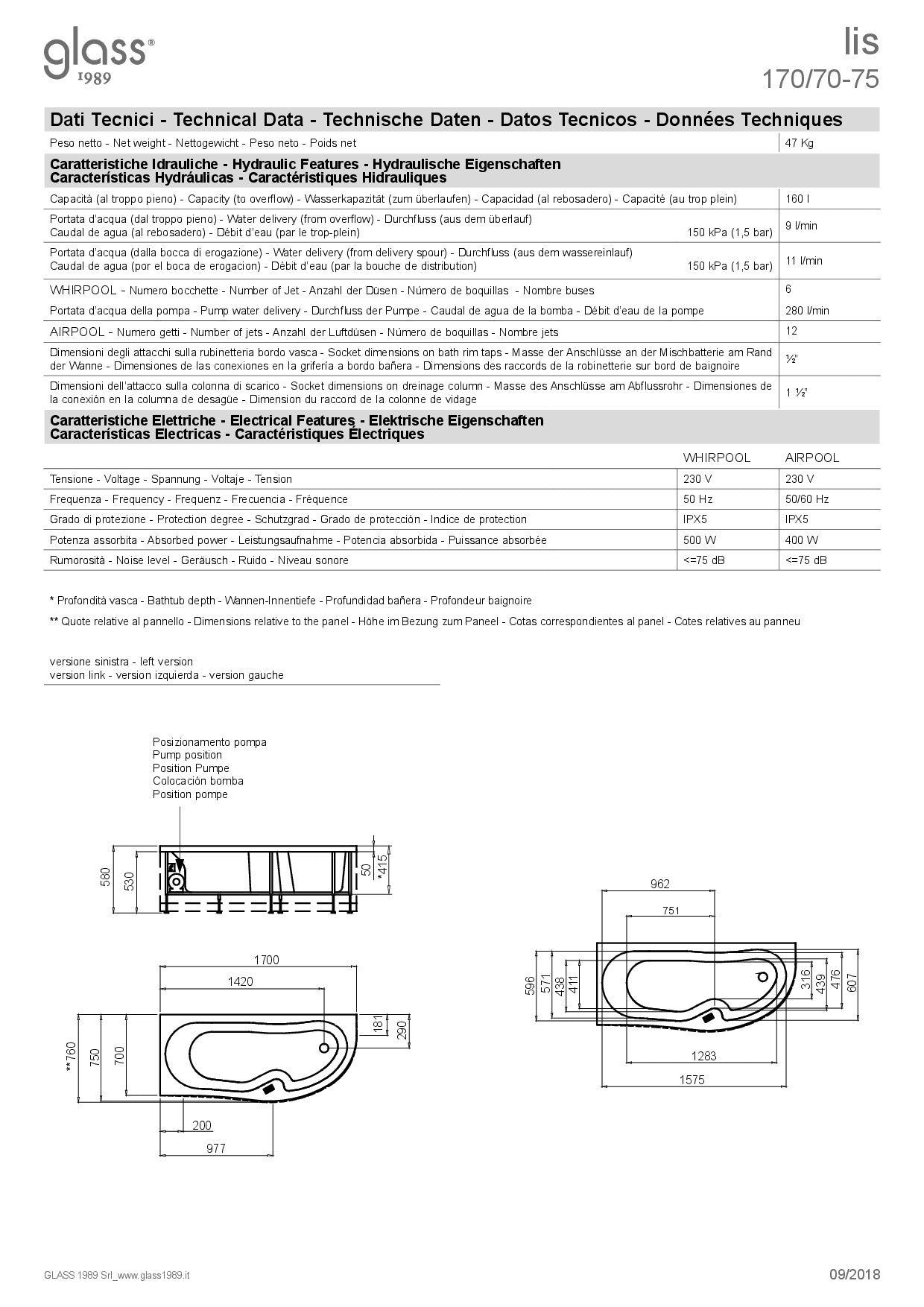 GLASS 1989 LIS ASYMMETRIC WHIRLPOOL BATHTUB EASY